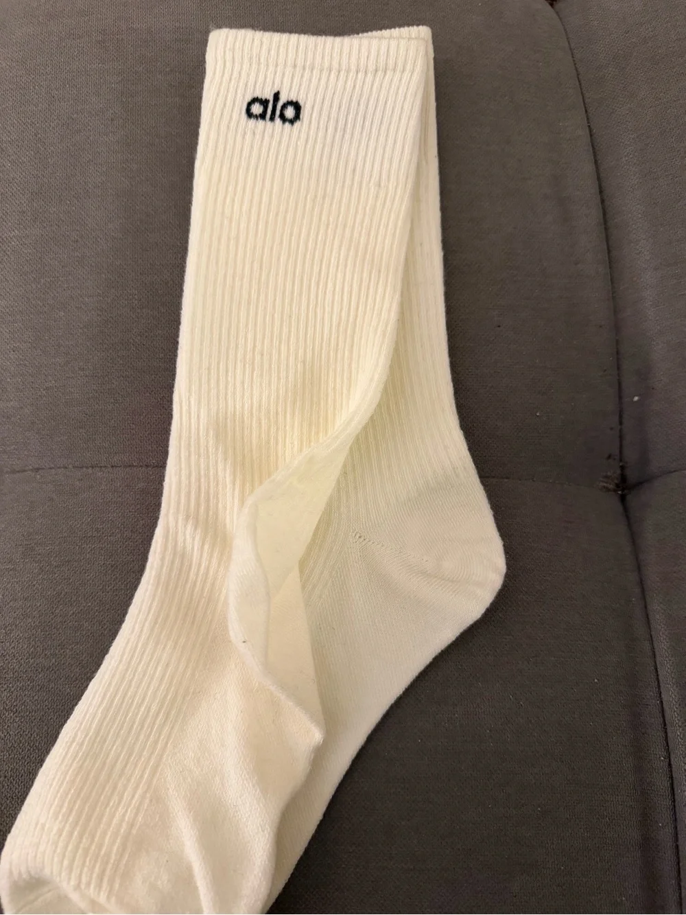 ALO Yoga Cream Ribbed Crew Socks with Black Logo